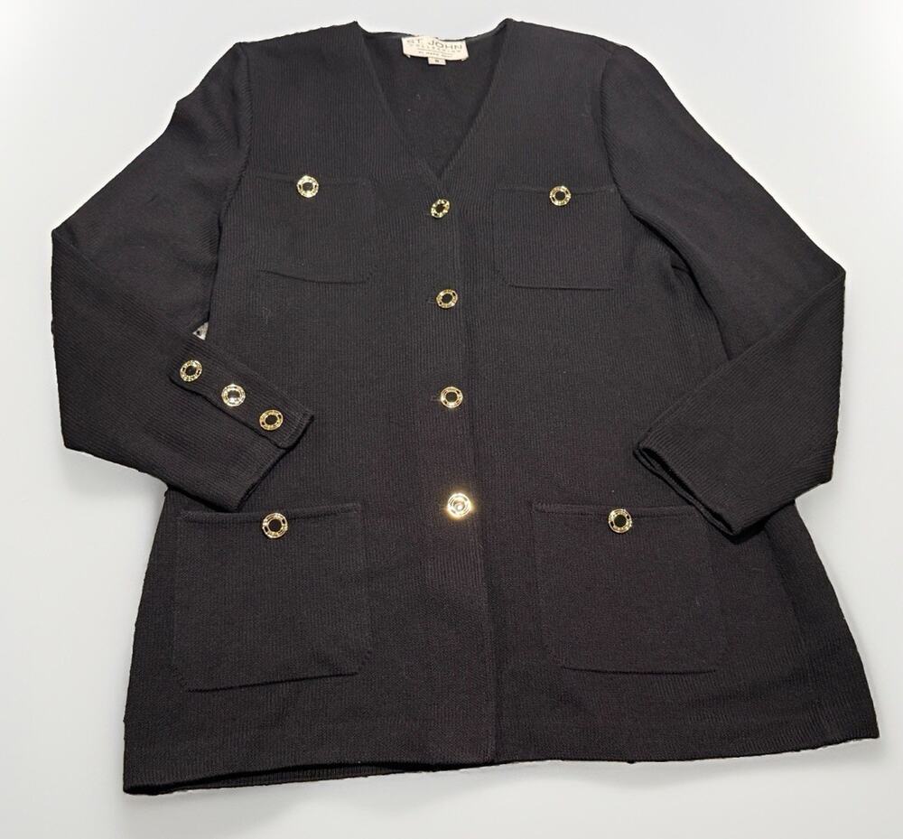 St. John Collection Black Ribbed Wool Blend Santana Knit Sweater Jacket Sz 8